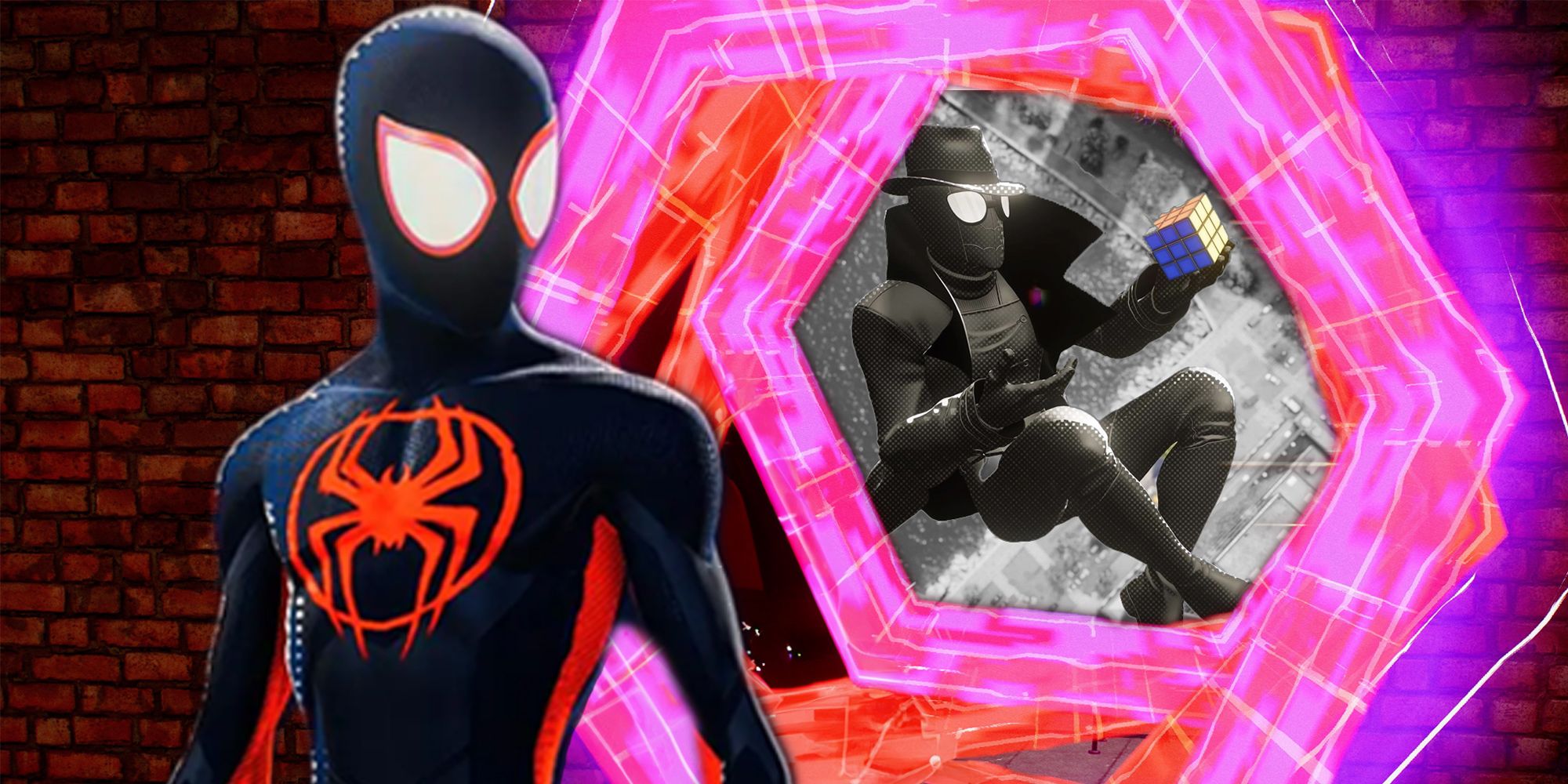 Miles Morales (in his Across the Spider-Verse suit) with a Multiverse portal opening behind him to reveal Peter Parker (as Spider-Man Noir solving a Rubix cube)