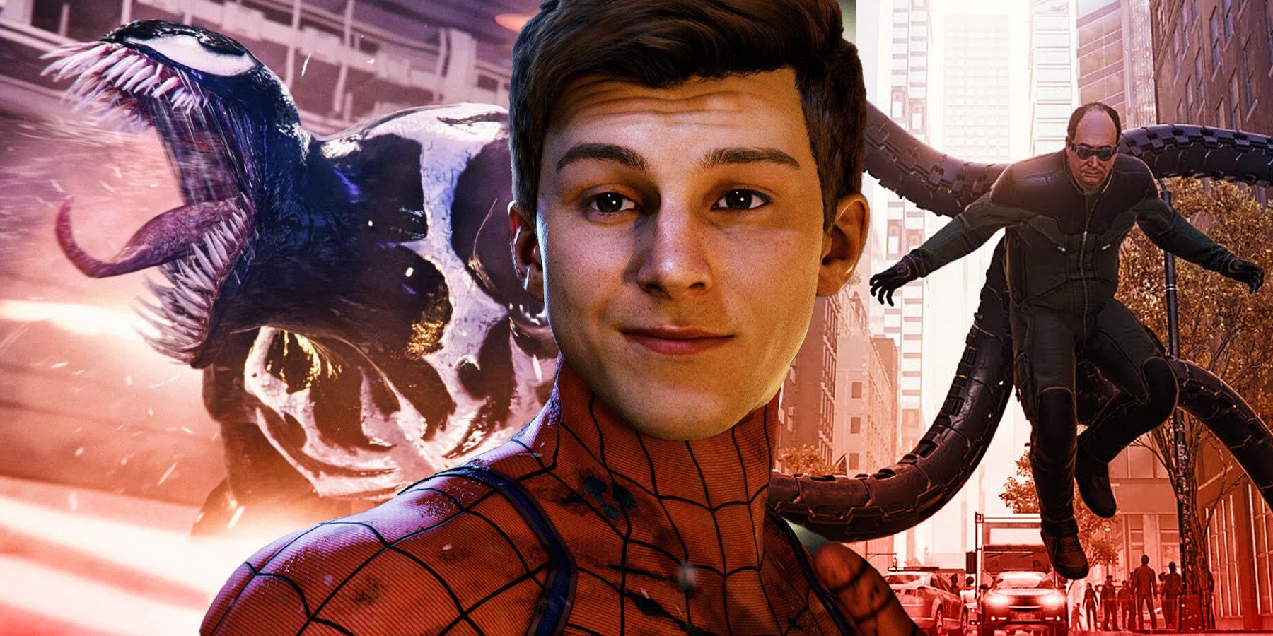 Peter Parker with Venom on one side, both from Marvel’s Spider-Man 2, and Doc Ock from the first Marvel’s Spider-Man on Peter’s other side