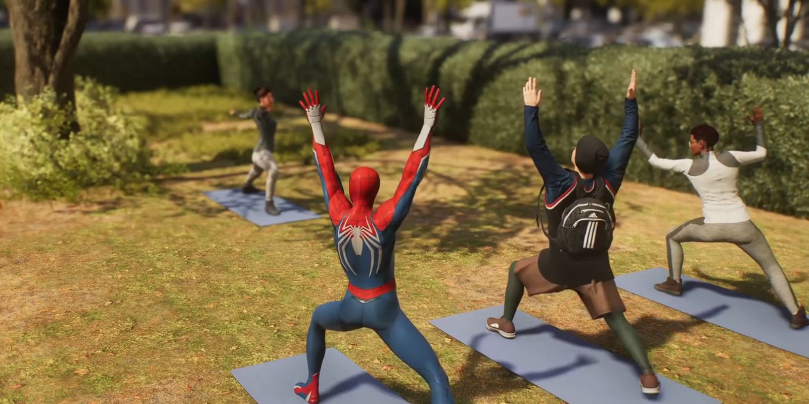 Spider-Man doing yoga poses in a park with three NPCs.