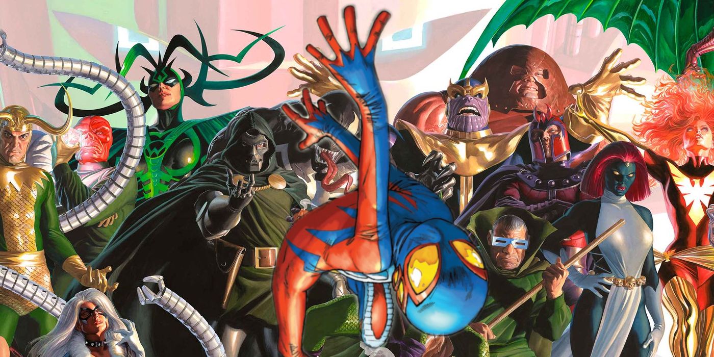 Spider-Boy is thrown backward by the might of Marvel's assembled villains.