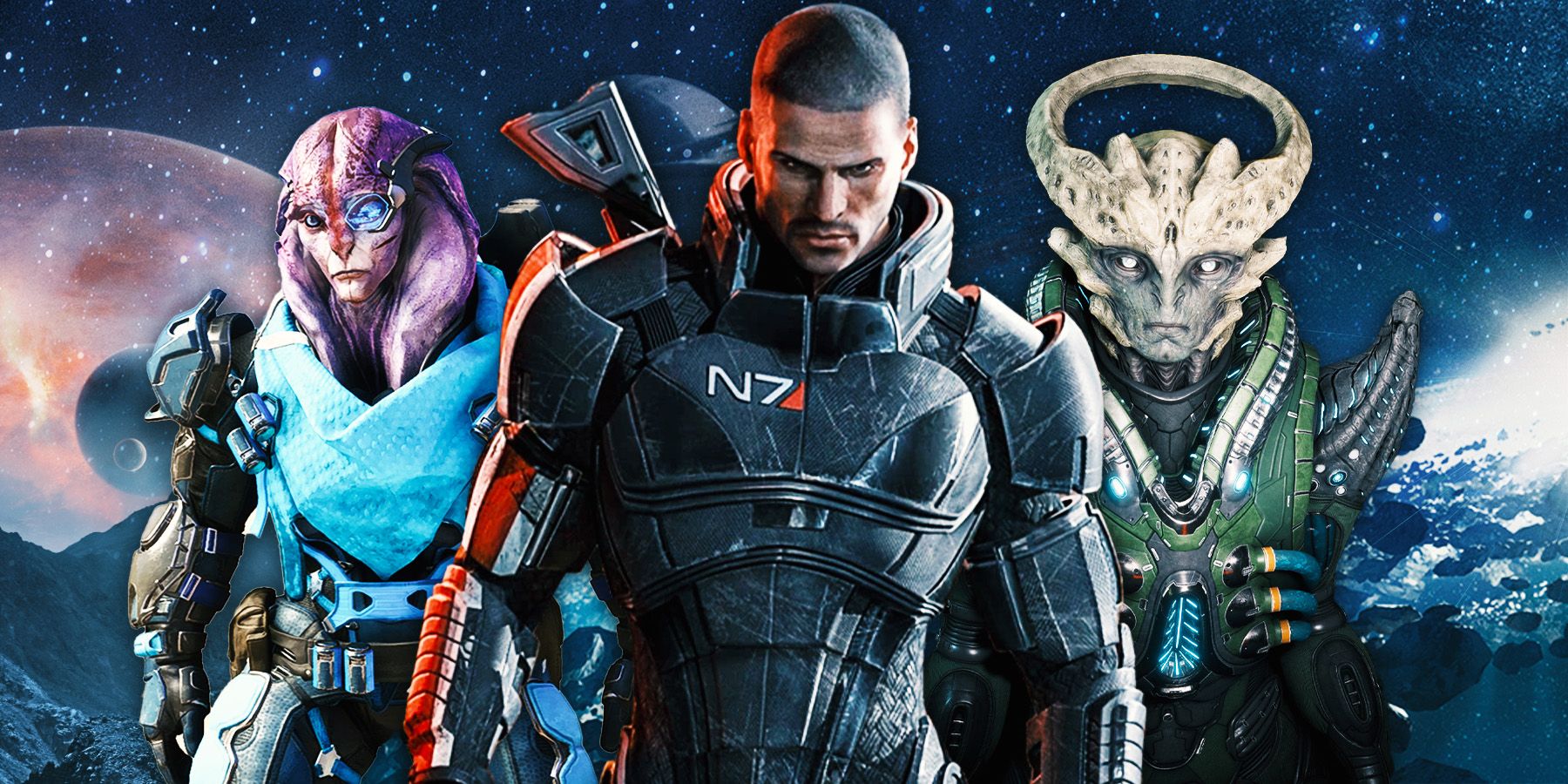 Commander Shepard from Mass Effect with Andromeda's two New Alien Races