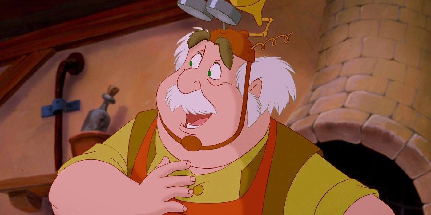 Maurice wearing a glasses gadget on his head in Beauty and the Beast.