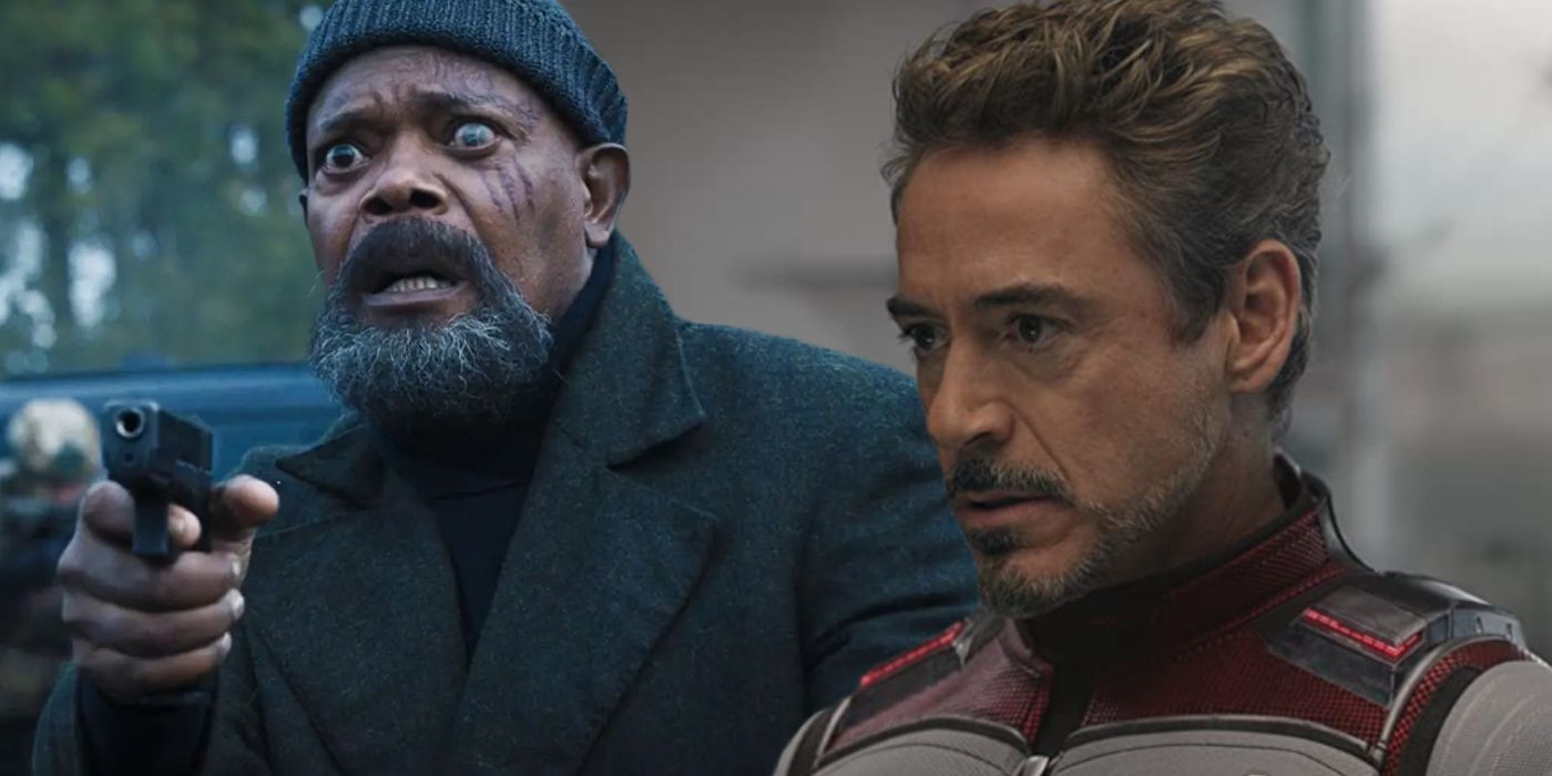 Samuel L Jackson as Nick Fury holding a gun and looking shocked in Secret Invasion and Robert Downey Jr. as Tony Stark in Avengers: Endgame