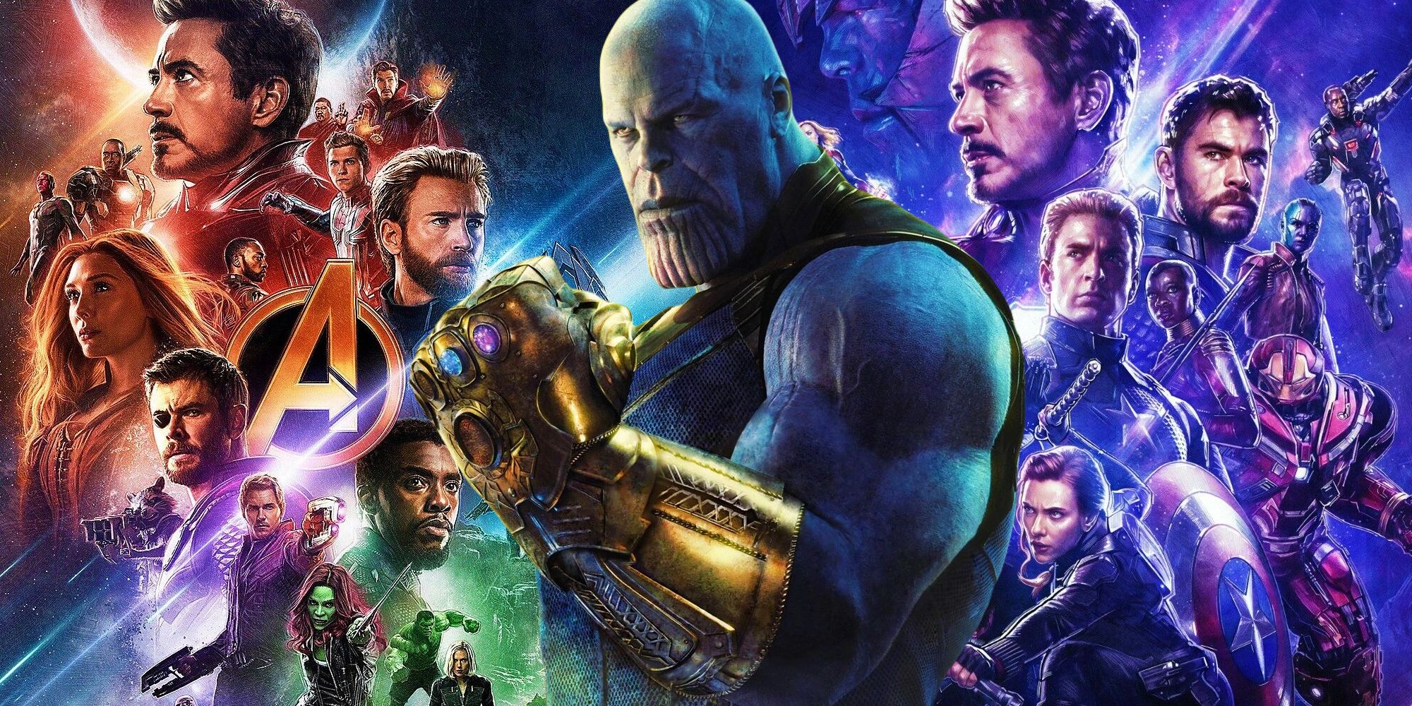 The MCU's Thanos wielding the Infinity Gauntlet between the posters for Avengers: Infinity War and Avengers: Endgame