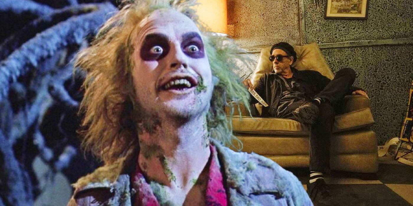 Foto personalizada de Michael Keaton como Beetlejuice con Tim Burton sentado en un sofá en el set de Beetlejuice 2.