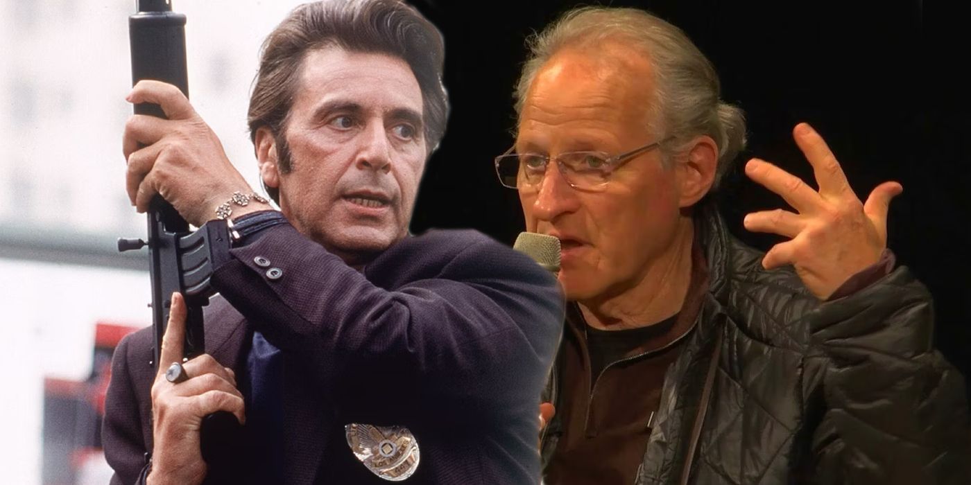 Al Pacino as Vincent Hanna holding a gun in Heat and Michael Mann speaking into a microphone