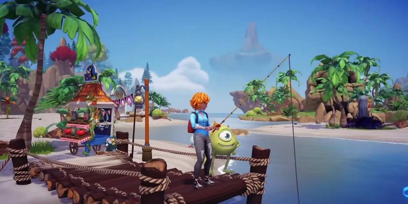 Mike From Monsters Inc In Disney Dreamlight Valley fishing.