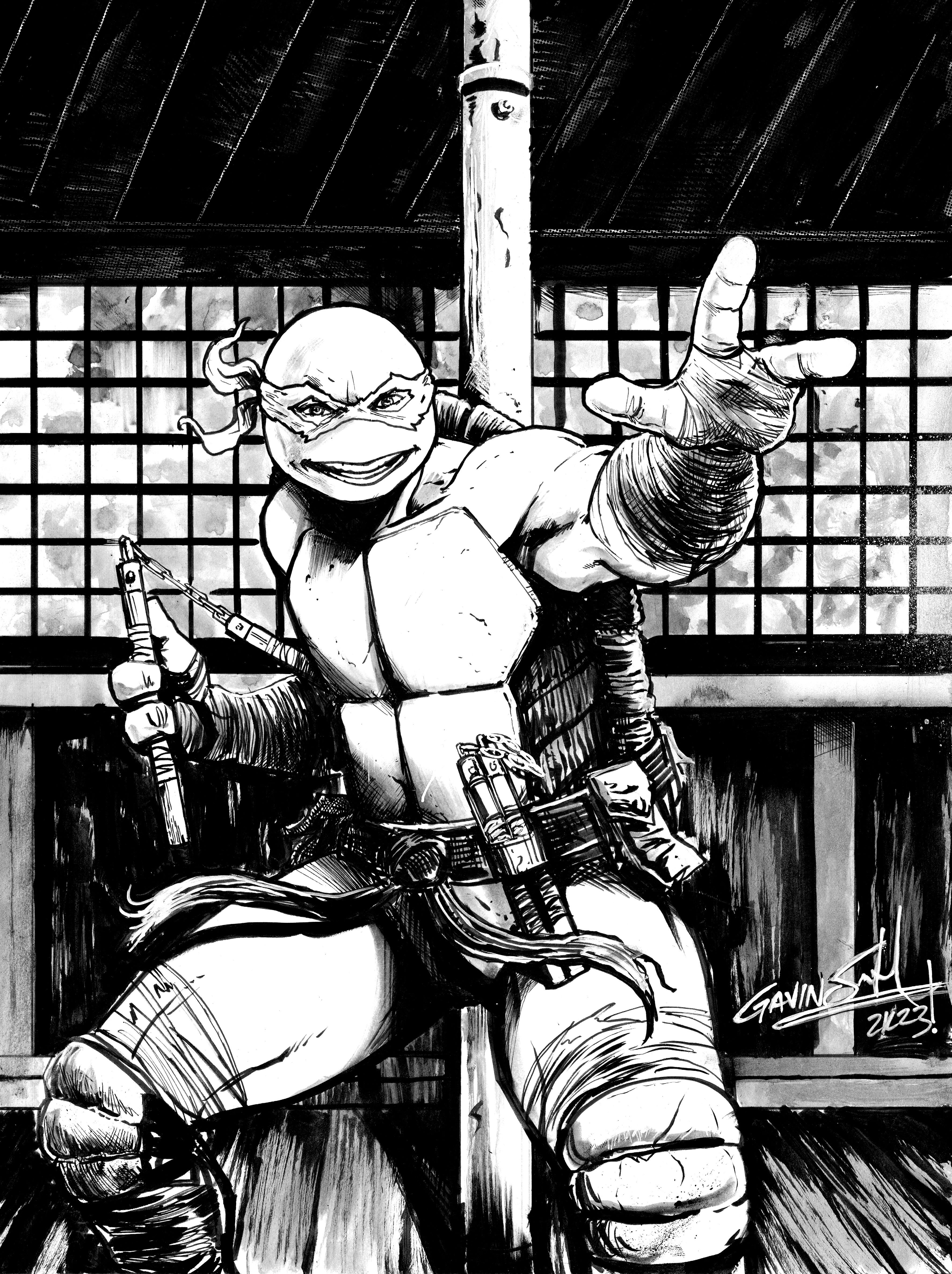 Mikey readies for a fight in a dojo