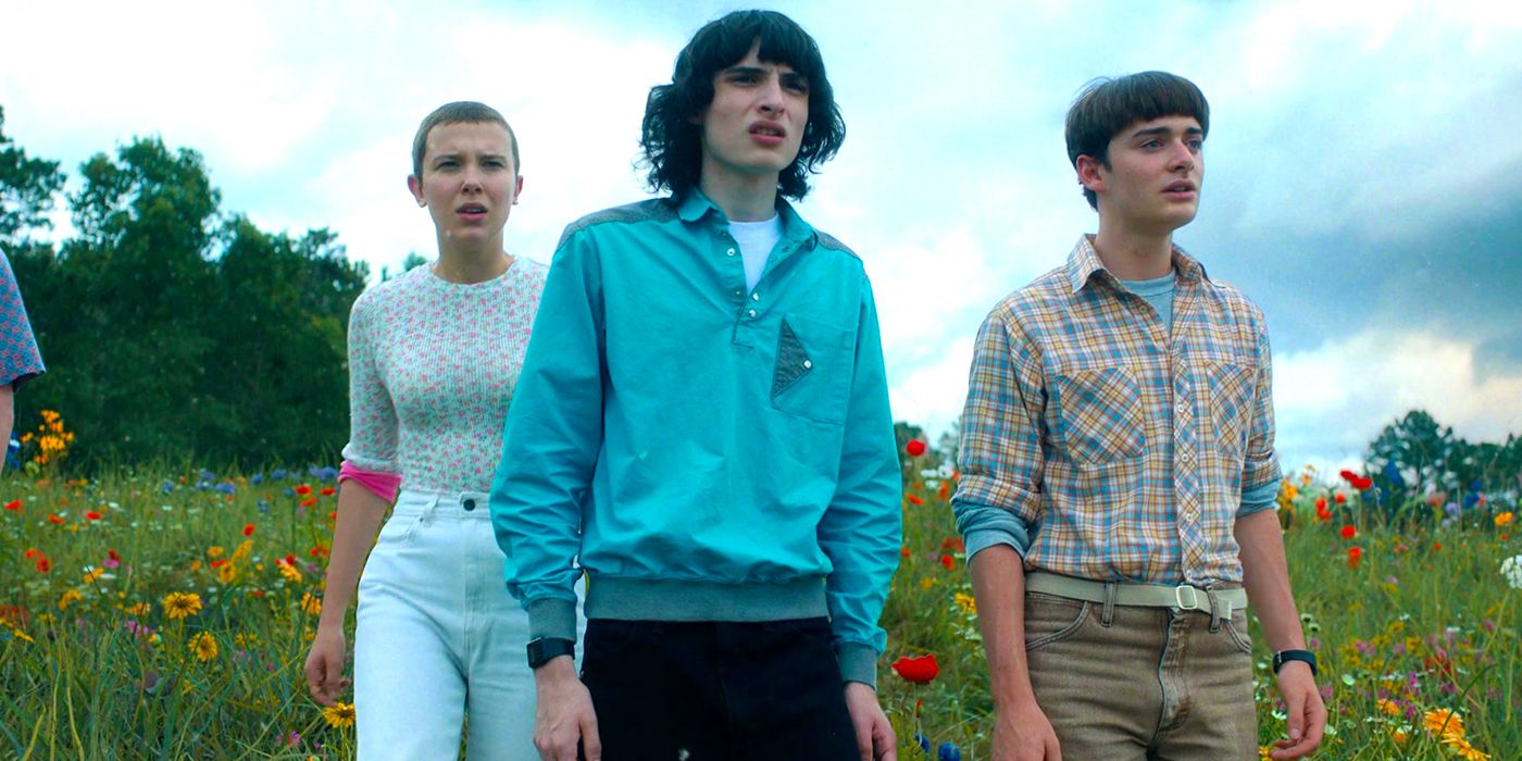 Millie Bobby Brown, Finn Wolfhard and Noah Schnapp in Stranger Things season 4 finale