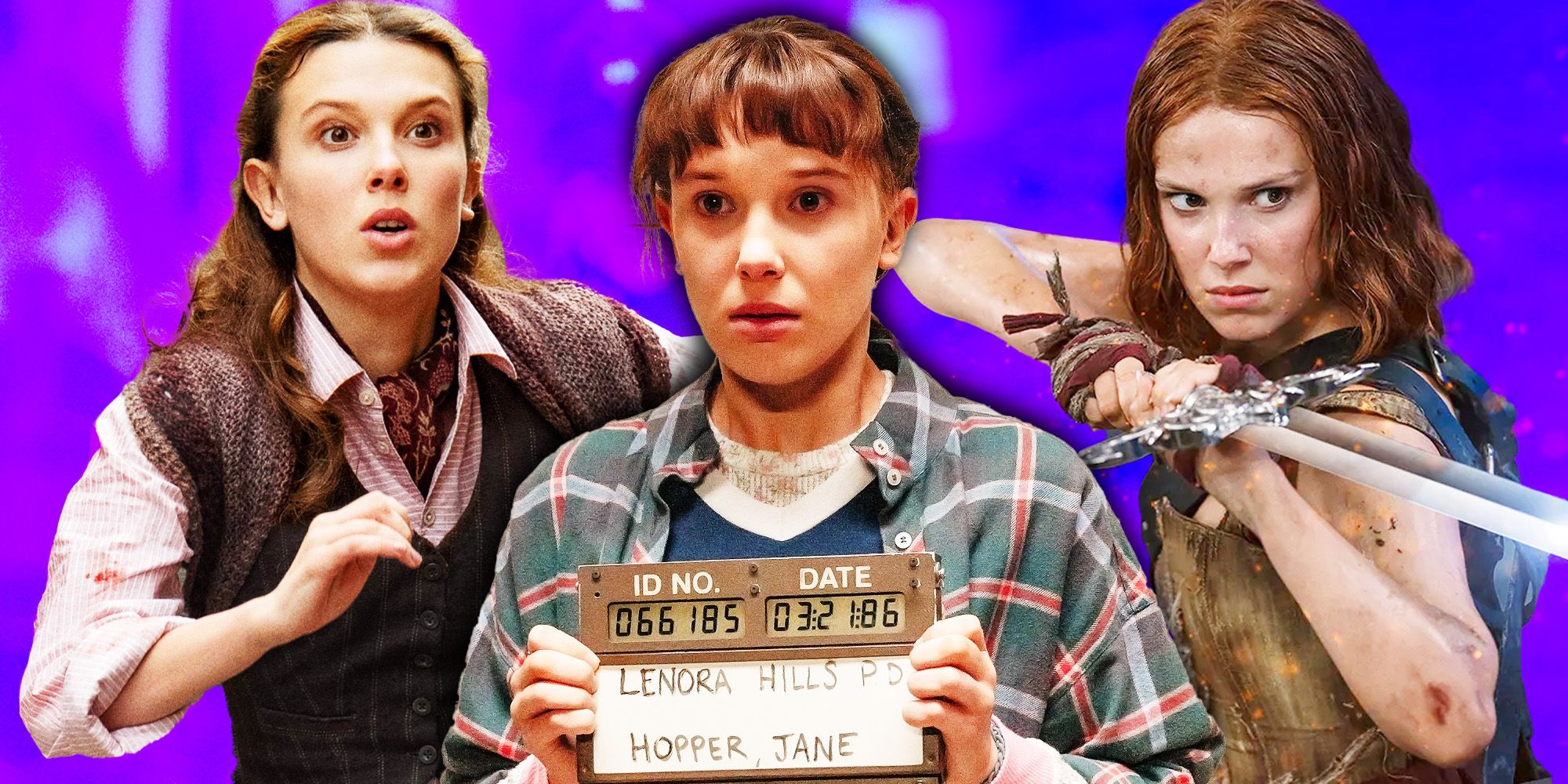 A custom image featuring Millie Bobby Brown in Stranger Things season 4, Enola Holmes 2, and Damsel
