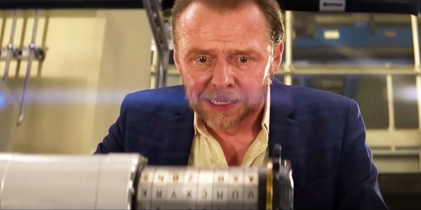 Simon Pegg looking at a cipher on a nuclear bomb in Mission: Impossible – Dead Reckoning Part One.