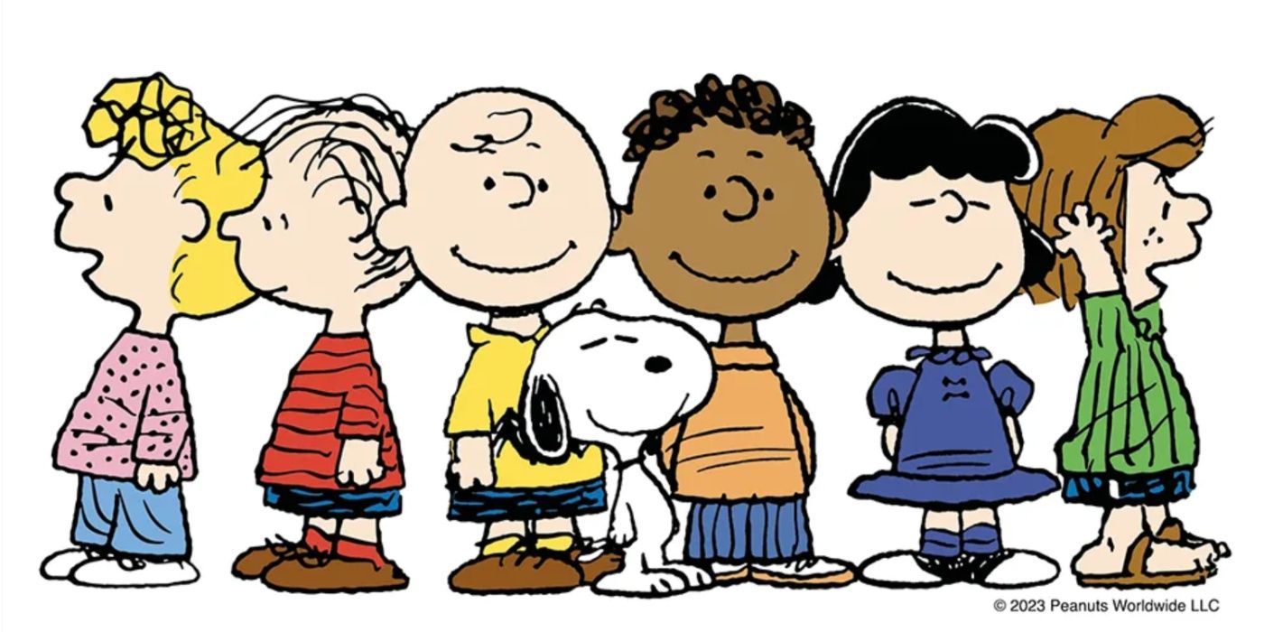 Gangue Peanuts, com Snoopy no centro, incluindo Charlie Brown, Franklin, Lucy e outros