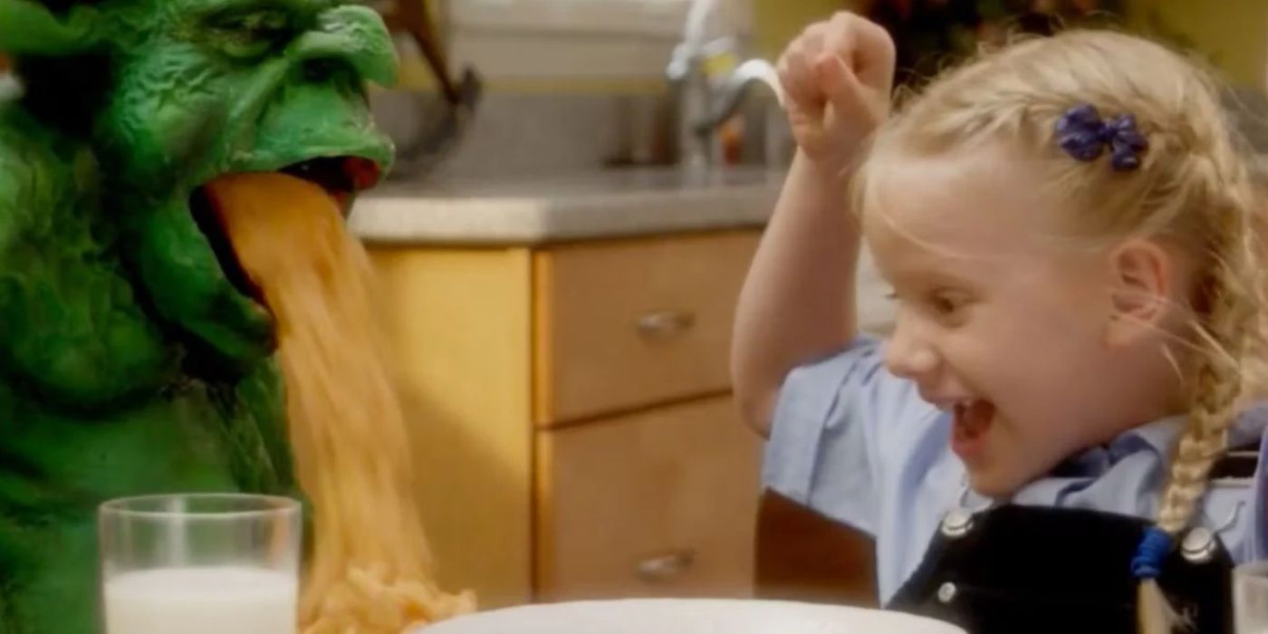 A child laughing a the Cheddar Goblin in Mandy