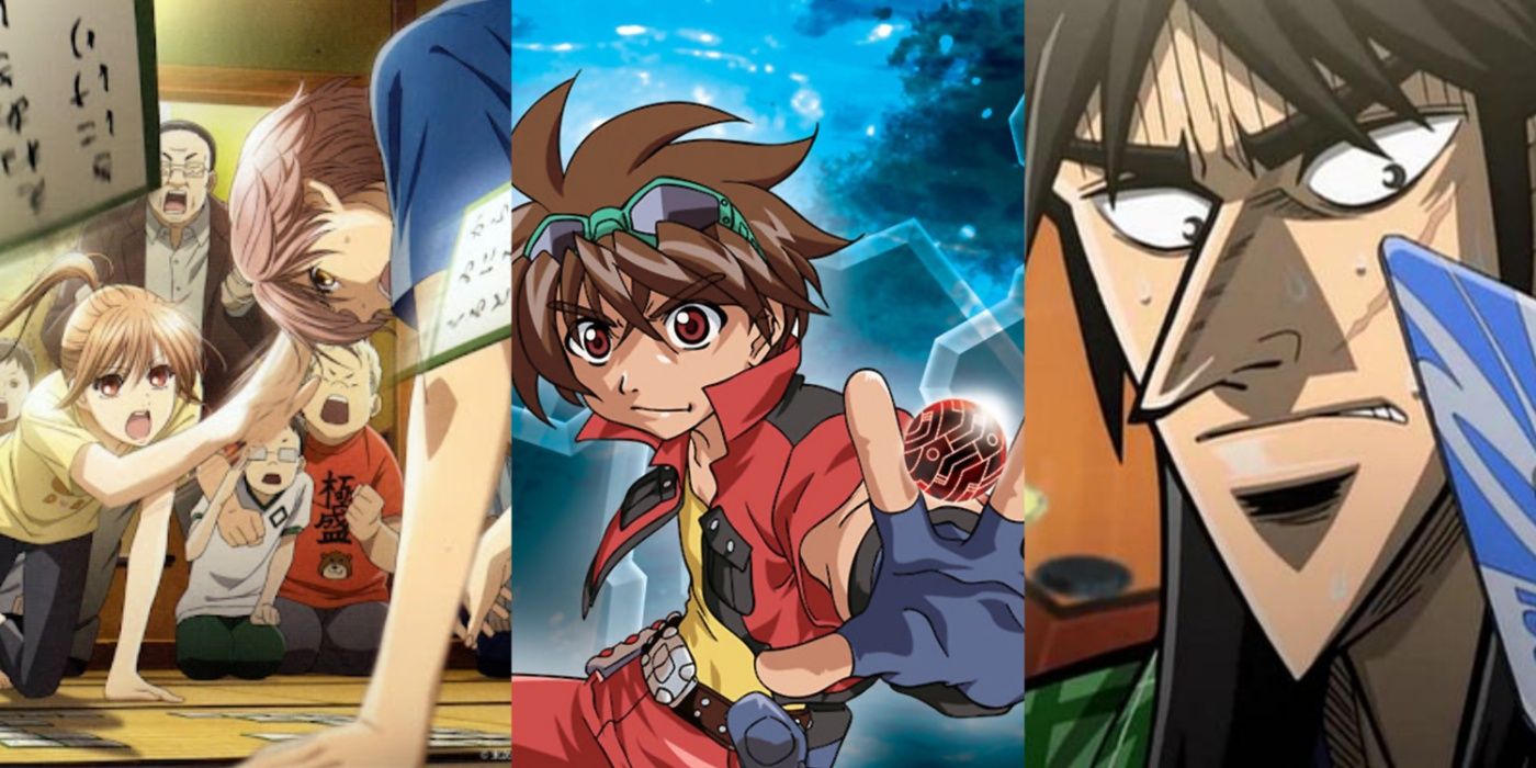 A three-image collage. On the left, Chihaya Ayase throws down a karuta card to win against a shocked Taichi Mashima in Chihayafuru. In the middle, Dan Kuso holds out a Bakugan sphere between splayed fingers in Bakugan Battle Brawlers. On the right, Kaiji Itou looks nervously at a card in his hand in Kaiji: Ultimate Survivor. 