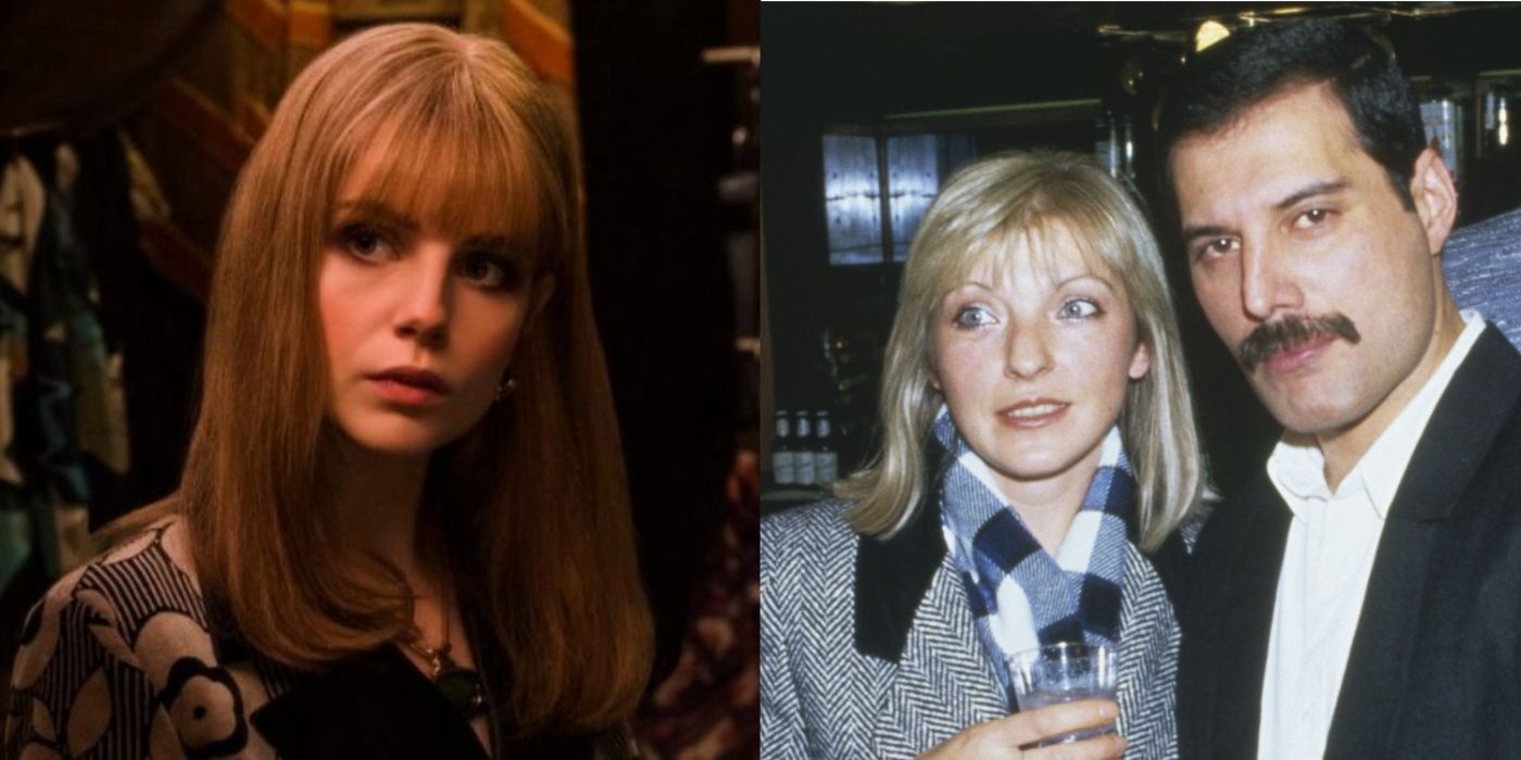 Split image of Lucy Boynton As Mary Austin in Bohemian Rhapsody and Mary Austin in real life