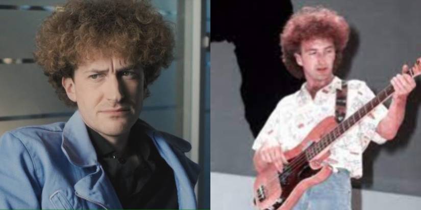 Split image of Joe Mazzello As John Deacon and John Deacon at Live Aid