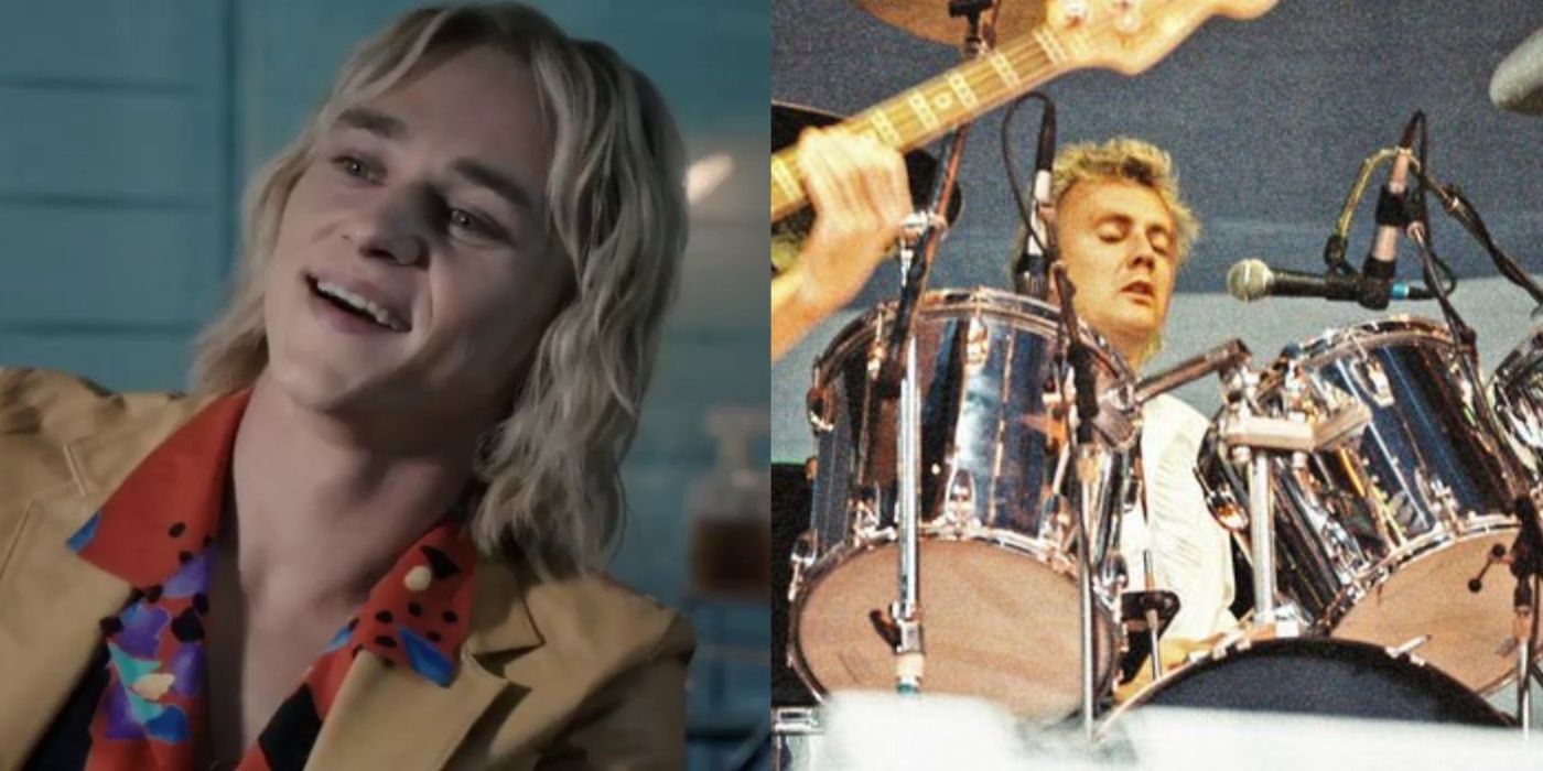 Split image of Ben Hardy As Roger Taylor in Bohemian Rhapsody and Roger Taylor at Live Aid