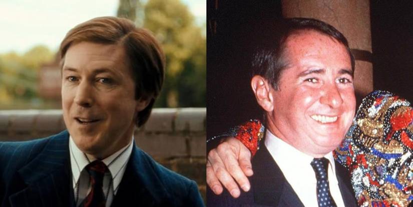 Split image of Aiden Gillen As John Reid in Bohemian Rhapsody and John Reid in real life