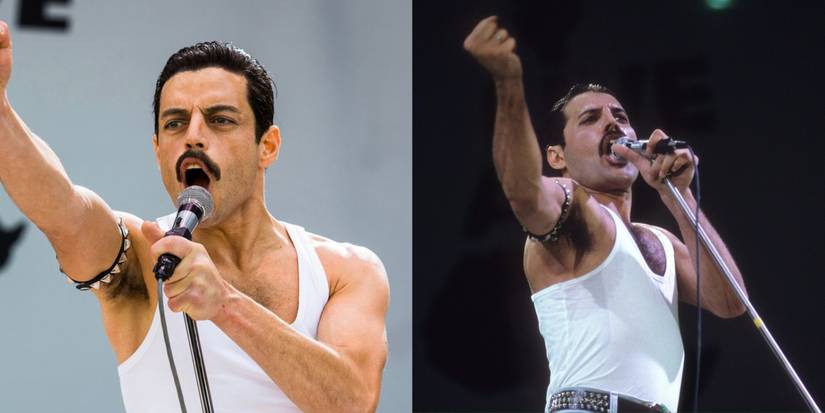 Split image of Rami Malek As Freddie Mercury and Freddie Mercury at Live Aid