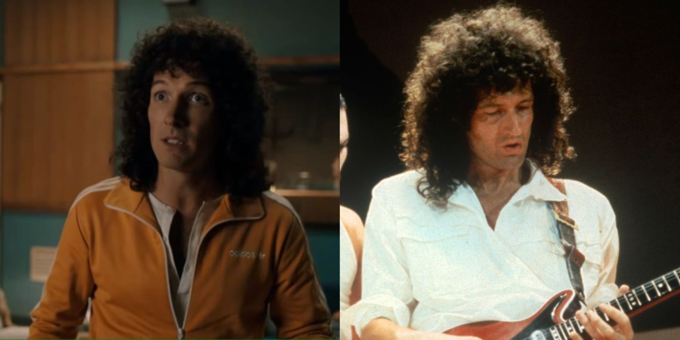Split image of Gwilym Lee As Brian May in Bohemian Rhapsody and Brian May in real life
