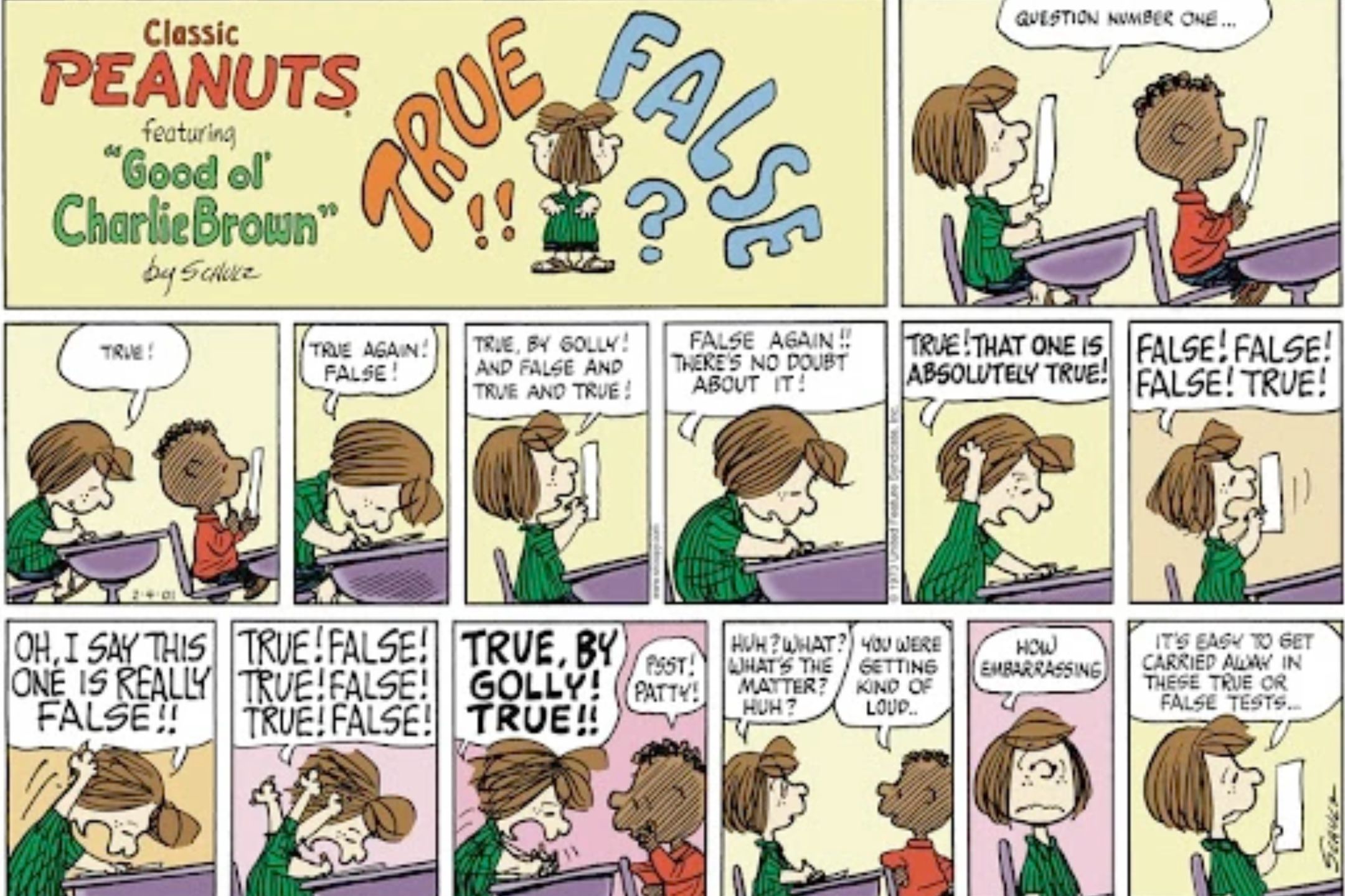 Peppermint Patty and Franklin taking a test in Peanuts.