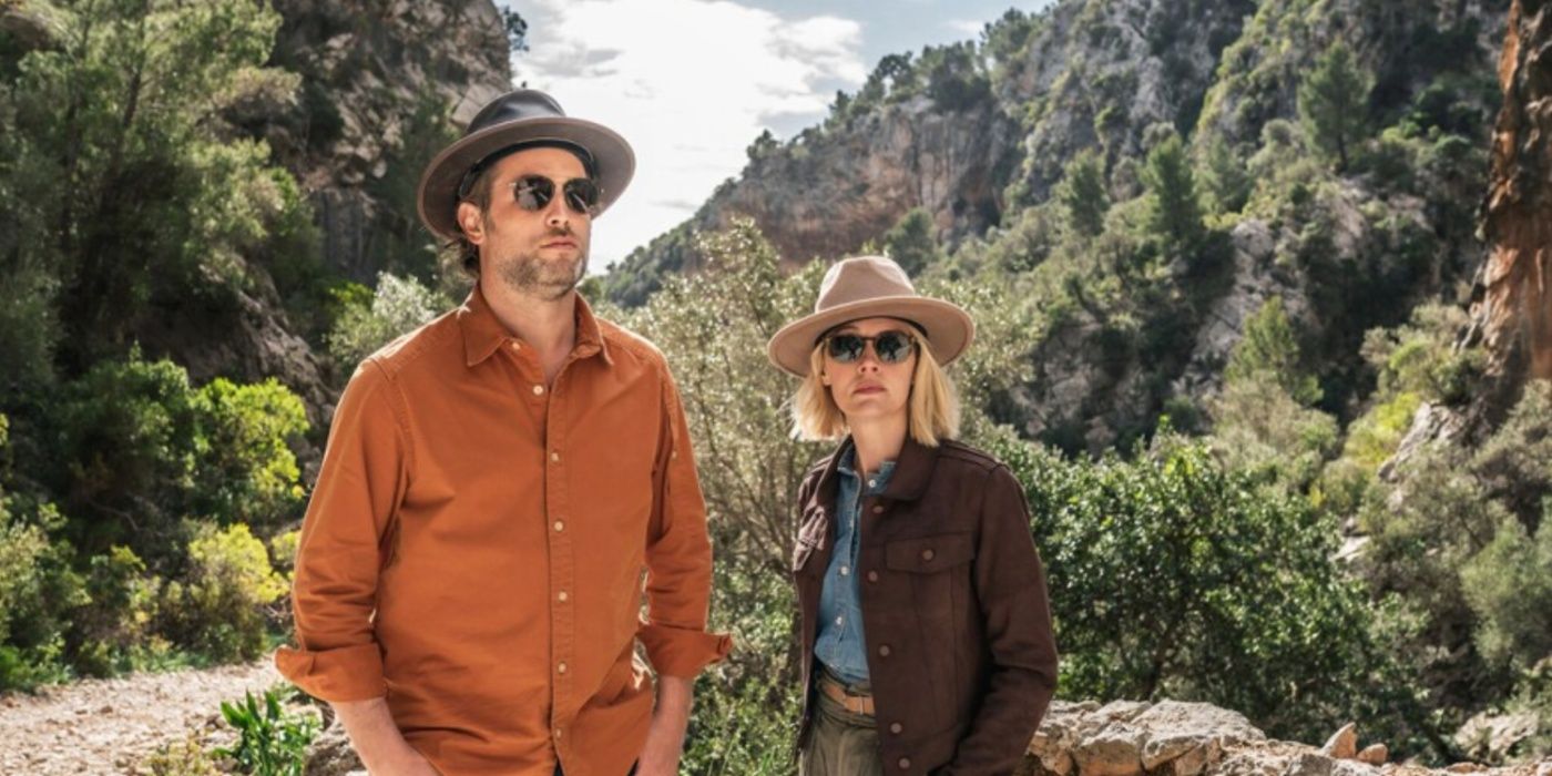 Miranda Blake (Elen Rhys) and Max Winter (Julian Looman) surrounded by mountains in The Mallorca Files