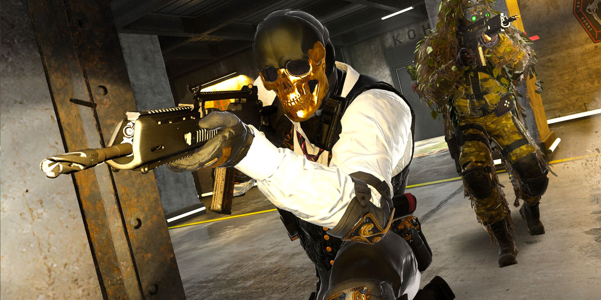 A Call of Duty player in a gold and black skull mask crouching while aiming.