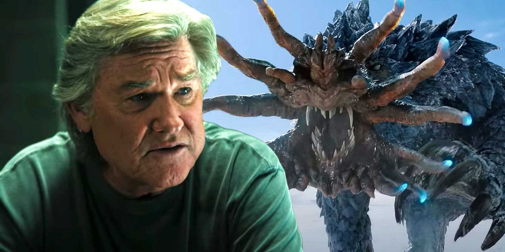 Kurt Russell as Lee Shaw in Monarch: Legacy of Monsters next to a roaring Ice Titan from episode 3 of the show
