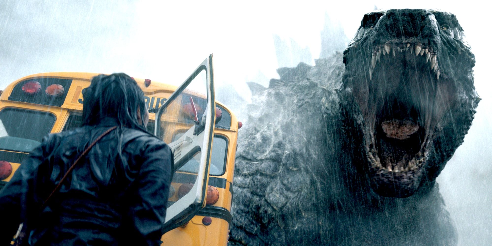 Godzilla Roaring Next to a School Bus in Monarch Legeacy of Monsters