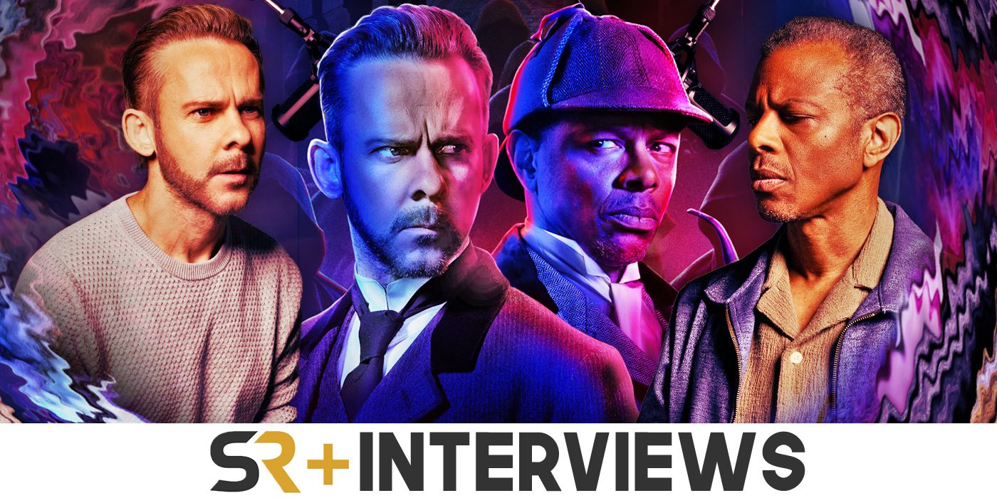 Dominic Monaghan and Phil LaMarr recording and as the Moriarty characters with the SR Interviews logo below.