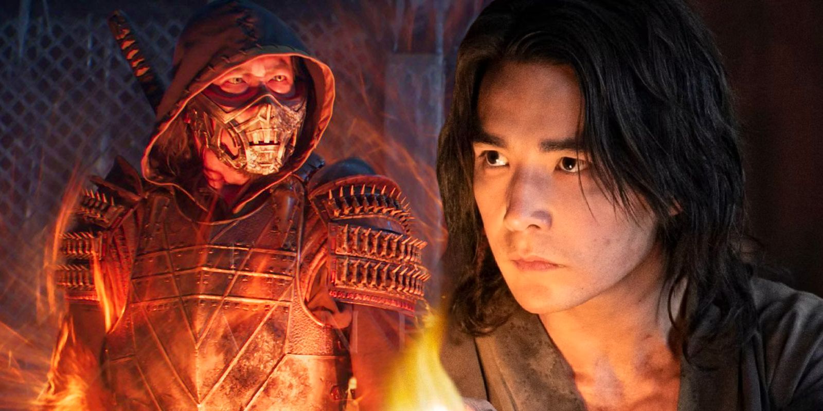 Hiroyuki Sanada como Escorpião e Ludi Lin como Liu Kang em Mortal Kombat