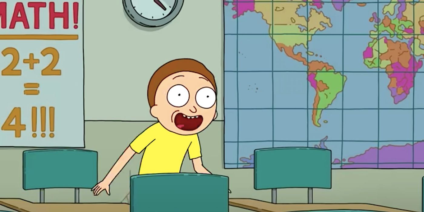 Morty parece emocionado en un salón de clases en Rick y Morty temporada 7 episodio 8