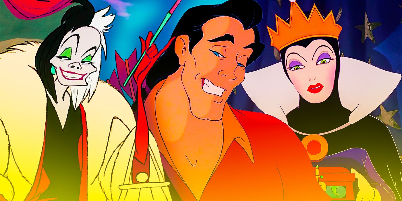 A blended image features Disney animated villains Cruella, Gaston, and the Evil Queen
