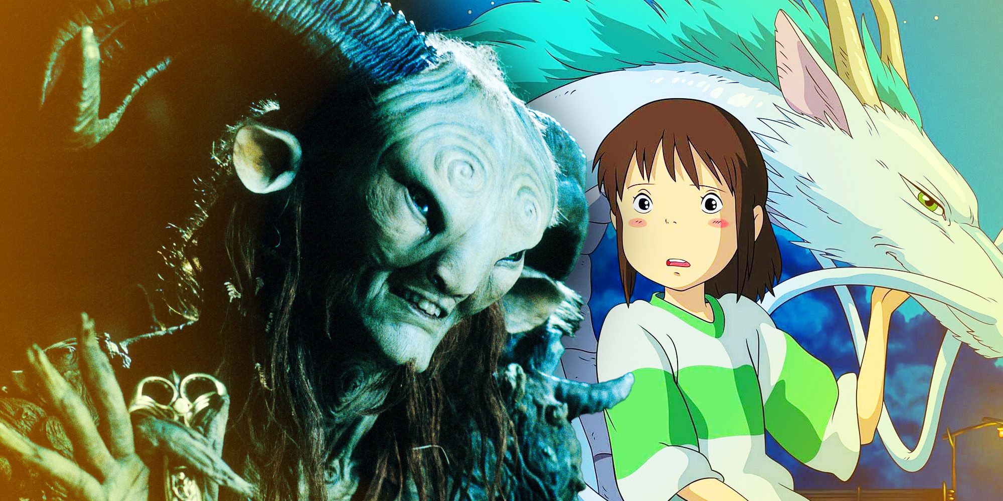 A collage featuring The Faun from Pan's Labyrinth and Chihiro Ogino and the dragon from Spirited Away