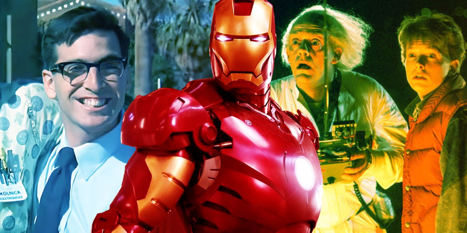 Collage of Robert Carradine as Lewis in Revenge of the Nerds, Robert Downey Jr. as Iron Man in Iron Man, and Christopher Lloyd as Emmett