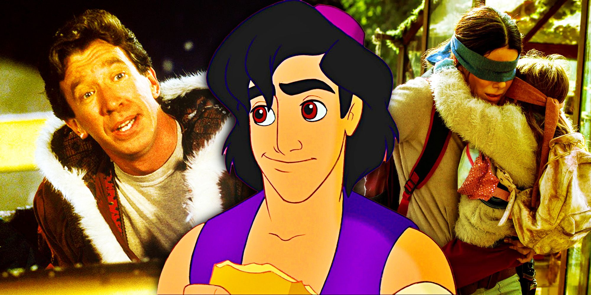 A custom image featuring Tim Roth in The Santa Claus, Aladdin, and Sandra Bullock in Birdbox