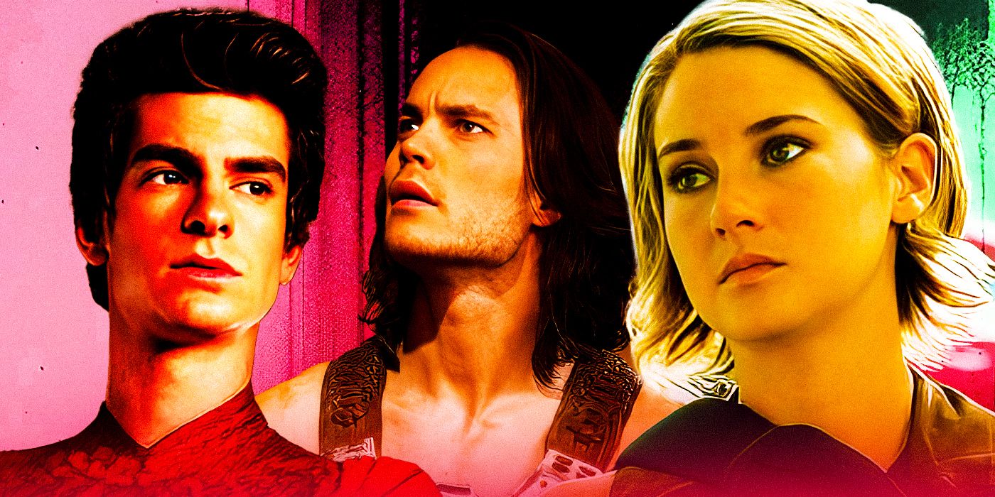 A collage featuring Andrew Garfield as Peter Parker in The Amazing Spider-Man,  Taylor Kitsch as John Carter, and Shailene Woodley as Tris from Allegiant