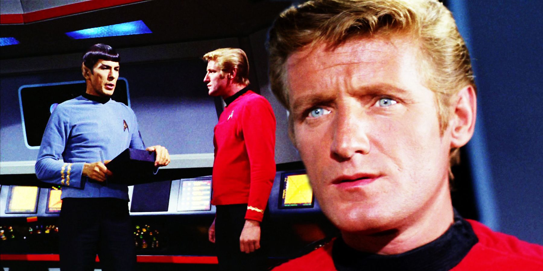 Mr Kyle receives orders from Mr Spock on the bridge of the USS Enterprise