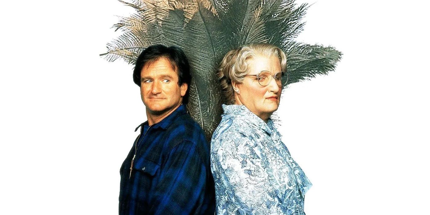 Robin Williams dressed as Daniel Hillard and Mrs. Doubtfire.