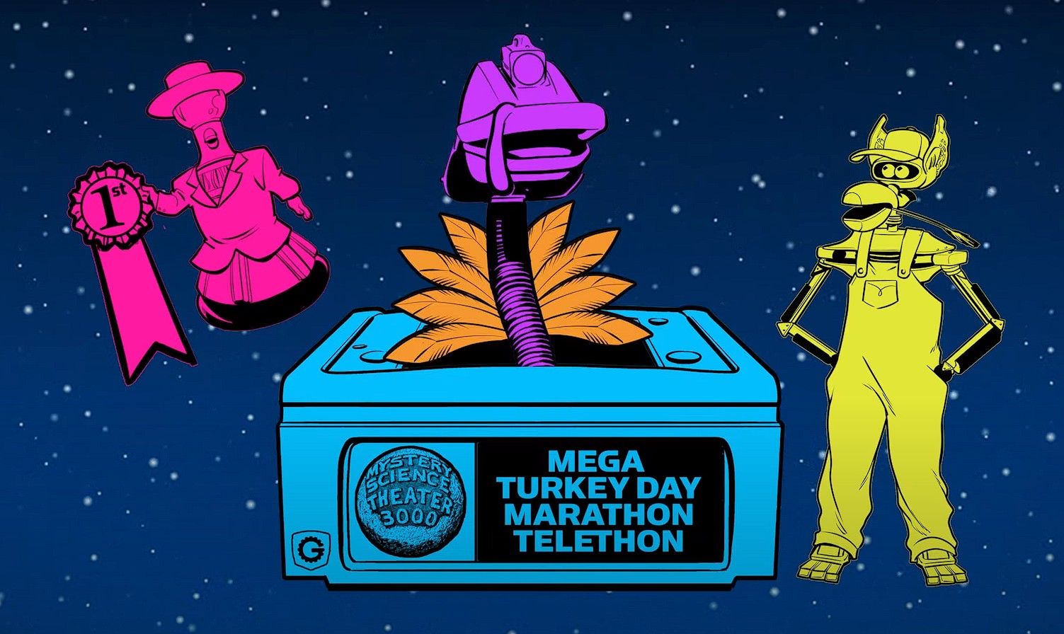 MST3K Turkey Day Key Art showing the MST3K logo, a purple creature popping out of a tv, a pink creature on the left holding a 1st place ribbon, and a yellow robot on the right.