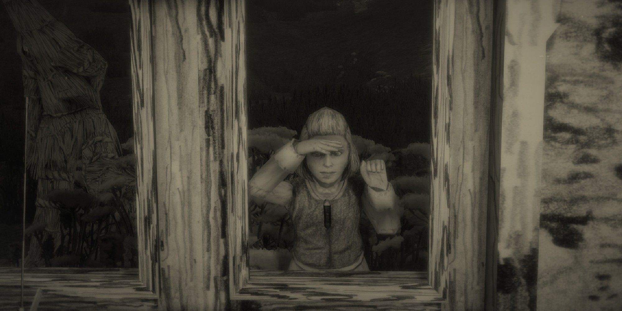 Mundaun's mysterious child looks through a window at the player. Art style is yellow/grey pencil.