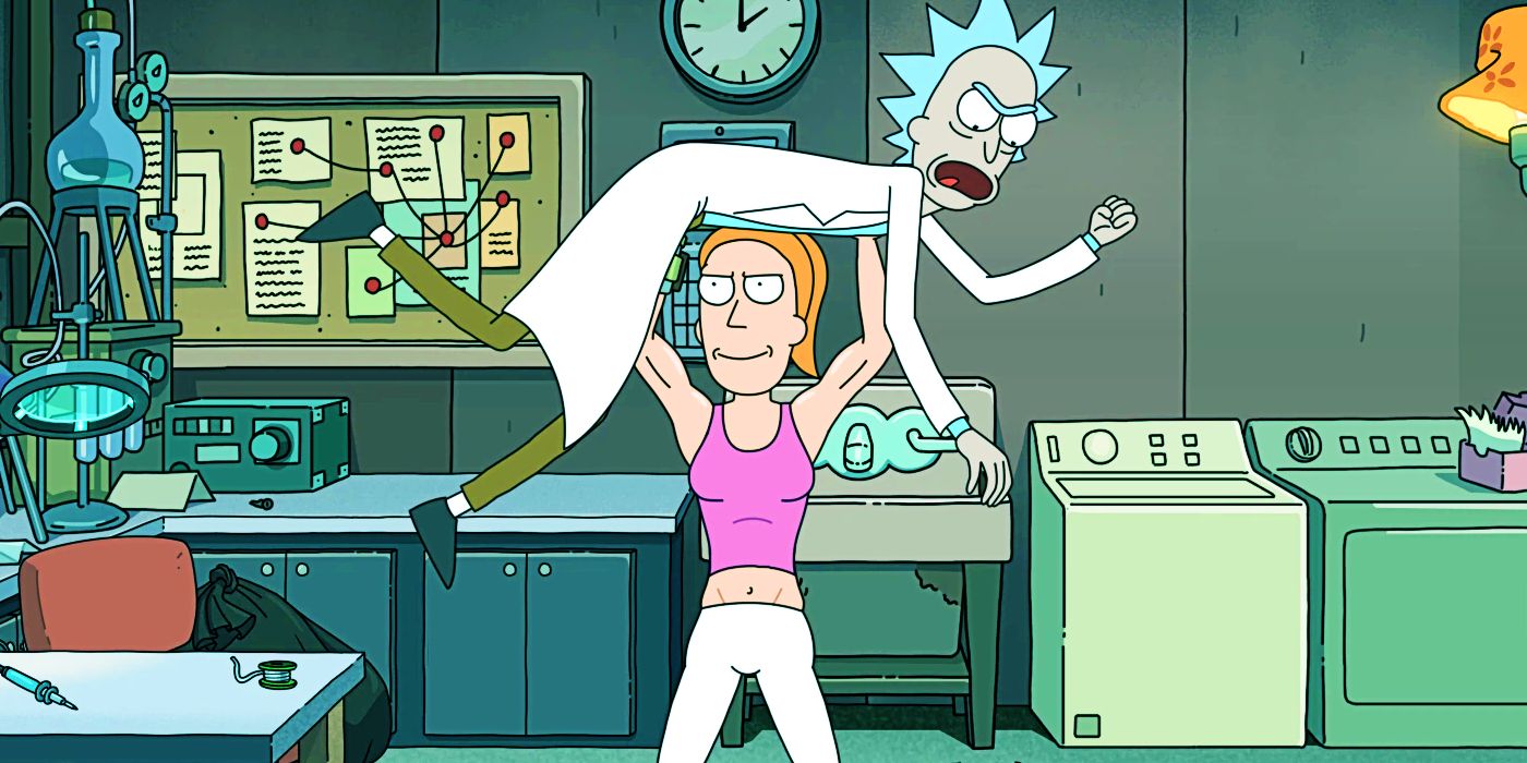 Muscular Summer holding Rick in the air in Rick and Morty season 7, episode 7