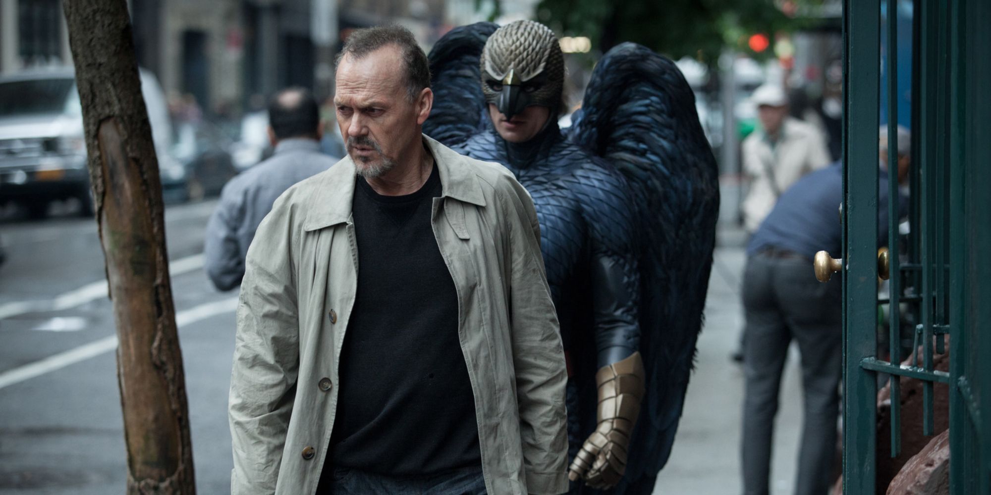 Michael Keaton's Riggan with Birdman behind him