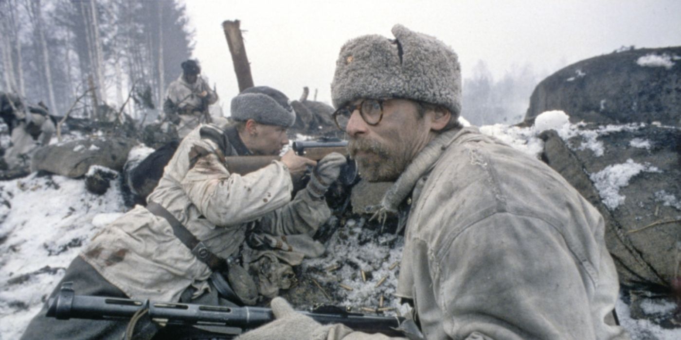 Soldiers in a winter battle scene in the 1989 film The Winter War