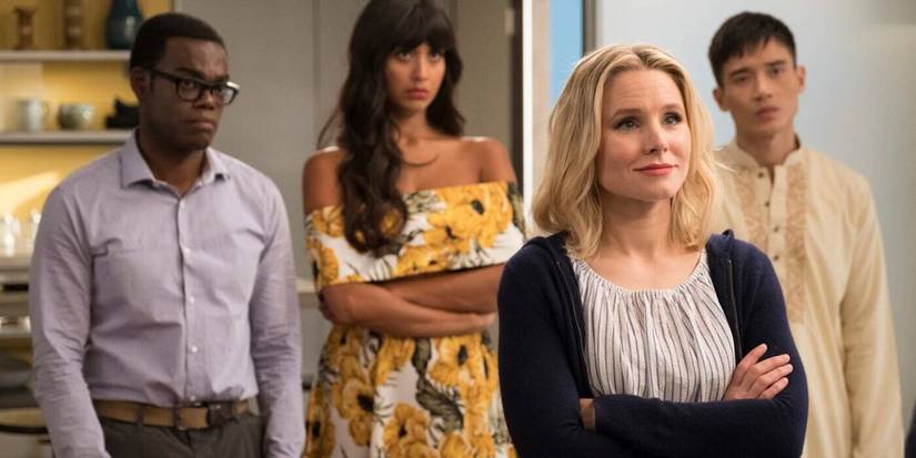 Tahani, Chidi, Jason, and Eleanor Standing Together in The Good Place "Team Cockroach"