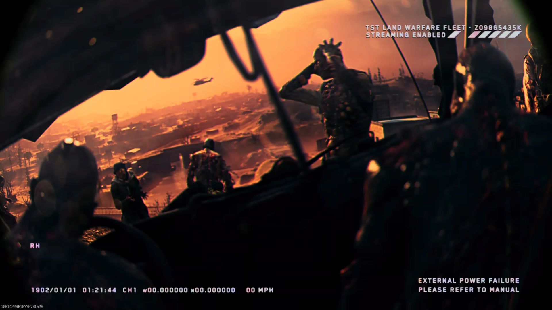 Screenshot from CAll of Duty Modern Warfare 3's Open-world Zombie mode loading screen from the back of a crashed car with zombies wondering around it and a destroyed city cast in a red and orange light in the background.