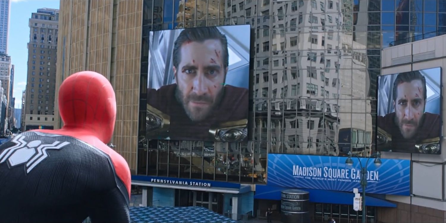 Spider-Man watches Mysterio's videos play everywhere in NYC in Spider-Man: Far From Home