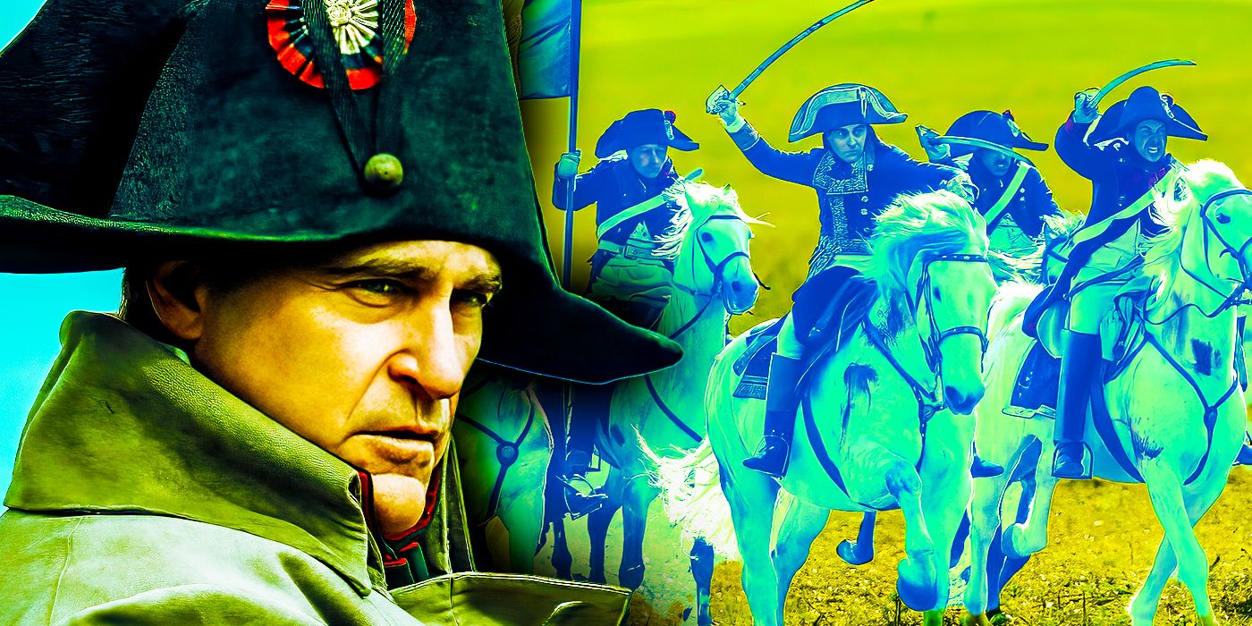 Joaquin Phoenix in Napoleon and soldiers riding into battle on horses