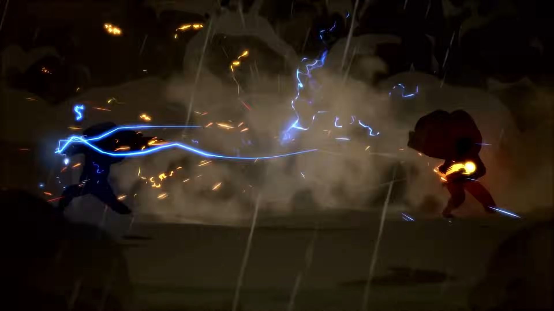 Screenshot from Naruto Storm Connections show silouttes of Naruto and Sasuke as they fight with lightning, sparks, and dust fills the air.