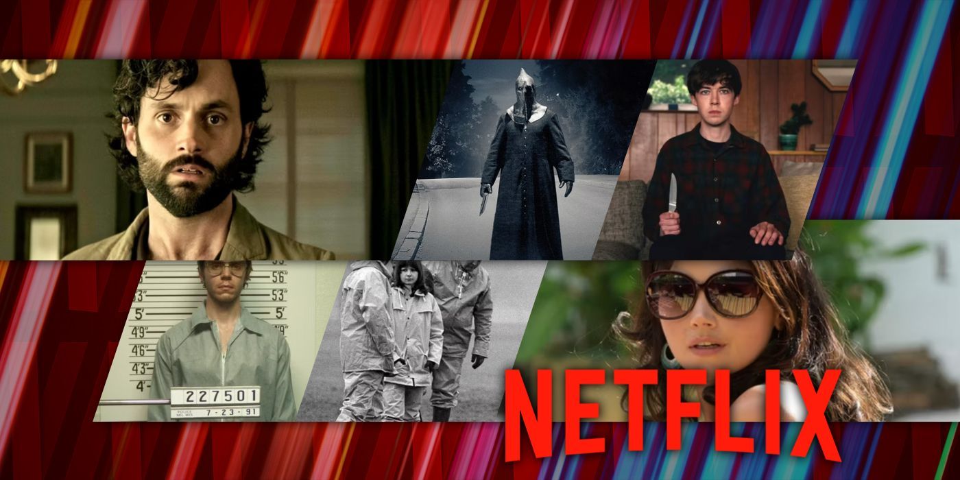 A set of images from shows about serial killers including You, Slasher, The End of the F***ing World, Monster, Ripper, and The Serpent, along with the Netflix logo